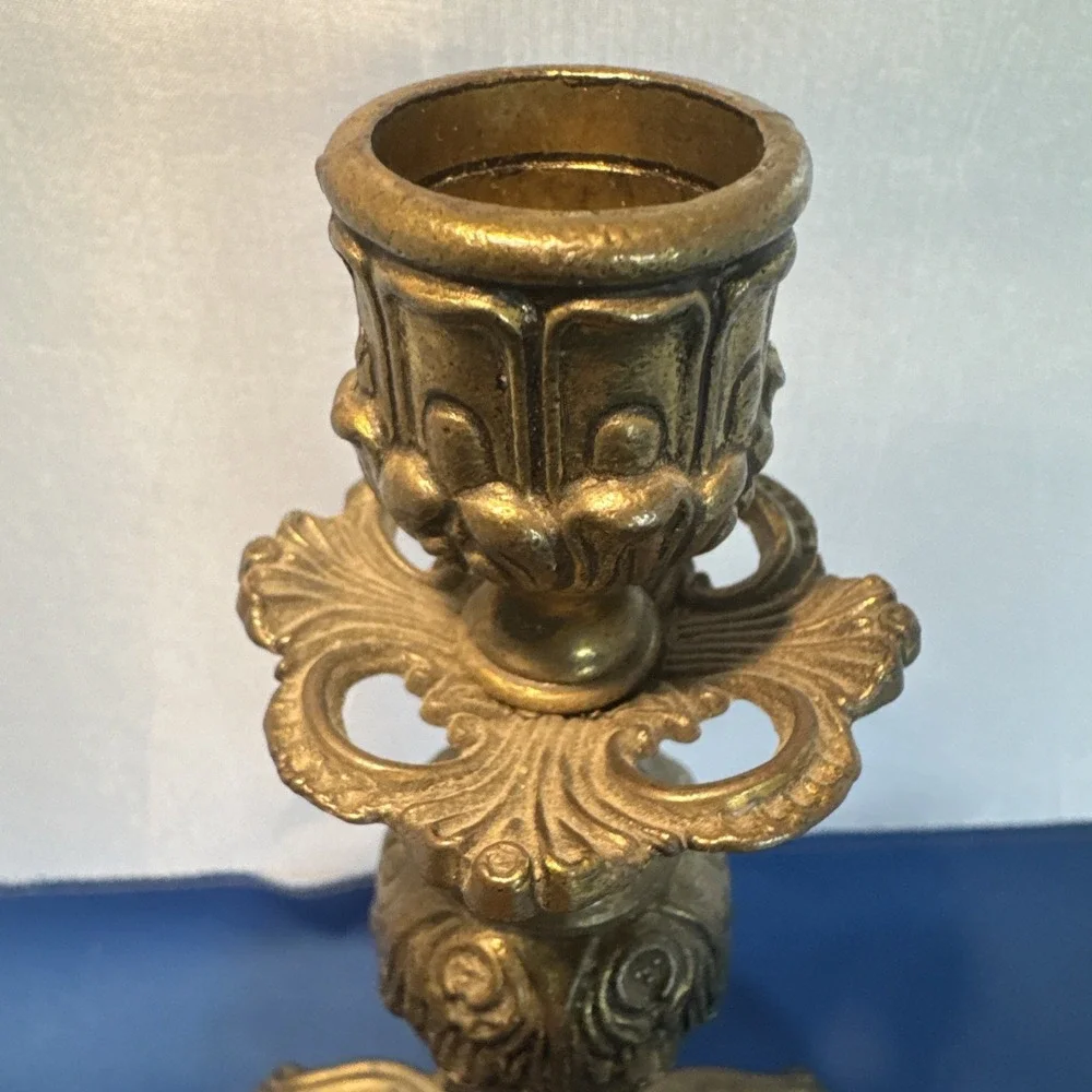 Vintage Ornate Rococo Baroque Gold Tone Metal Candlestick 10